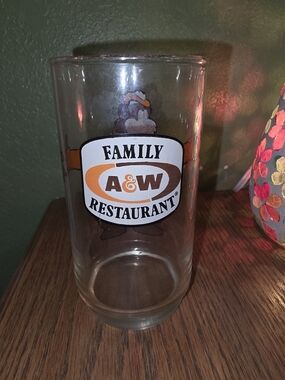 A&W Family Restaurant Clear Glass with Orange & Brown Logo